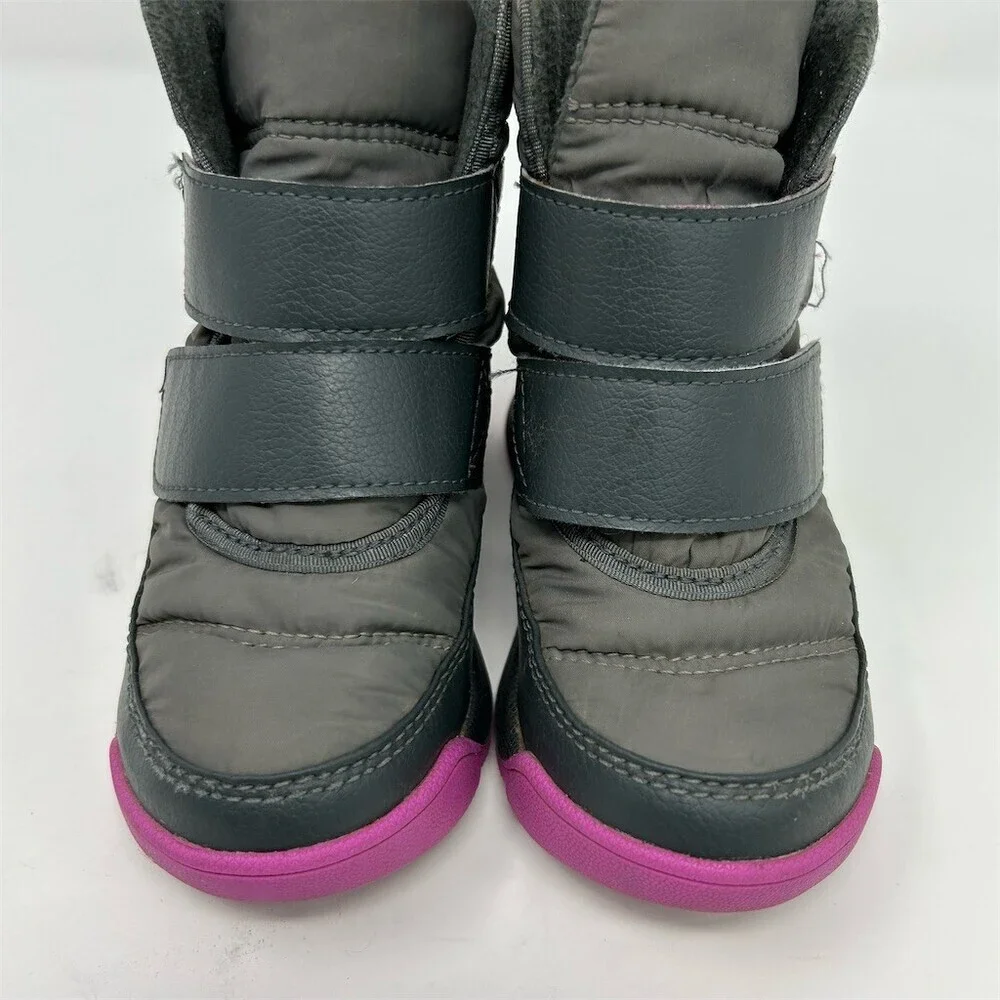 Sorel Kids Whitney II Strap Winter Snow Boots Gray Charcoal Purple Size 8